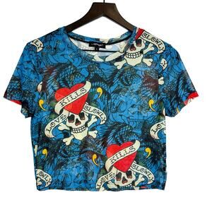 Ed Hardy Womens Mesh Layered LKS Skull Tattoo Cropped Baby Tee Blue - L